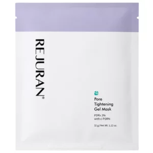 Biało-lawendowa saszetka Rejuran Pore Tightening Gel Mask PDRx 3% with c-PDRN, 32 g, na białym tle.