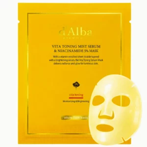 d'Alba Vita Toning Mist Serum & Niacinamide 5% Mask – opakowanie rozświetlającej maski w płachcie z 5% niacynamidem oraz nasączona esencją płachta maski.