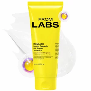 From Labs Protein Capsule Hair Repair Treatment – intensywnie żółta tubka proteinowej maski do włosów From Labs o pojemności 200 ml, pokazana z wizualizacją kremowej konsystencji i kapsułek.