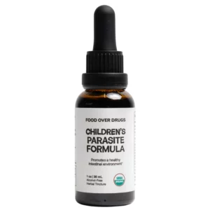 Food Over Drugs Children’s Parasite Formula – organiczna bezalkoholowa formuła ziołowa dla dzieci w butelce z pipetą,