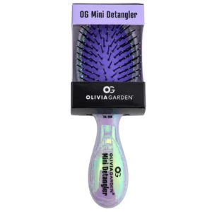 Szczotka Olivia Garden OG Mini Detangler z fioletową poduszką i opalizującą rączką, zaprezentowana w oryginalnym opakowaniu na białym tle.