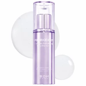 BIOHEAL BOH Probioderm Collagen Remodeling Deep Shot Serum 30 ml – fioletowa butelka z pompką na białym tle, otoczona transparentnymi kroplami serum.