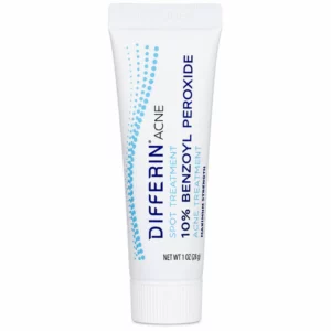 Biała tubka Differin Acne Spot Treatment z 10% nadtlenkiem benzoilu, 28 g, na białym tle.