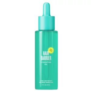Zdjęcie produktu. Turkusowa butelka EBB Ocean Club Hair Barrier Hydrating Oil o pojemności 59 ml z aplikatorem kroplowym, ustawiona pionowo na białym tle.