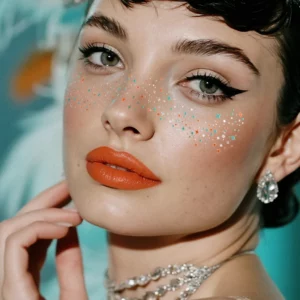 Na zdjęciu widoczne są brokatowe piegi Fazit Show Stopping Speckles zaaplikowane na nosie i policzkach. Kolorowe drobinki i gwiazdki dodają cerze rozświetlonego, imprezowego efektu glamour.