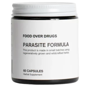 Brązowy słoiczek Food Over Drugs Parasite Formula z białą etykietą i białą zakrętką, przedstawiony frontem na białym tle. Na opakowaniu widoczna jest informacja o 60 kapsułkach ziołowego suplementu.