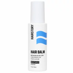Biała butelka Hairstory Hair Balm – nawilżającego balsamu do włosów 118 ml – na czystym białym tle, widok z przodu.