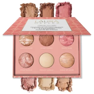 Laura Geller Cheek to Chic Tropical Glow Face Palette z sześcioma odcieniami oraz swatchami bronzerów, róży i rozświetlaczy wokół opakowania.