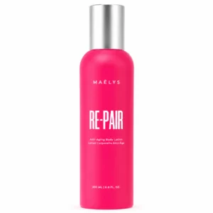 body 5 Różowa butelka MAËLYS RE-PAIR Anti-Aging Body Lotion 200 ml ze srebrną zakrętką, pokazana centralnie na białym tle.