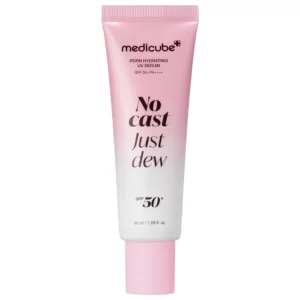 Różowo-biała tubka Medicube PDRN Hydrating UV Serum SPF 50+ No Cast Just Dew z różową nakrętką na białym tle.
