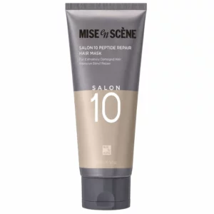 Tubka maski do włosów Mise En Scene Salon 10 Peptide Repair Hair Mask 300 ml w szaro-beżowym opakowaniu na białym tle.
