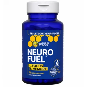Zdjęcie przedstawia opakowanie Natural Stacks Neuro Fuel na białym tle. Suplement zawiera 75 kapsułek wegańskich i jest przeznaczony do wsparcia koncentracji oraz pamięci.