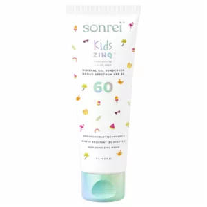 Tubka Sonrei Kids Zinq Sunscreen SPF 60 z kolorowymi wakacyjnymi grafikami na opakowaniu, pokazana na białym tle.