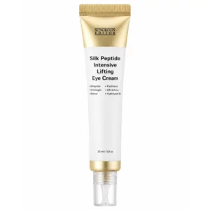 Sale 14 Sungboon Editor Silk Peptide Intensive Lifting Eye Cream 30 ml w biało-złotej tubce z precyzyjnym aplikatorem na czystym, białym tle.