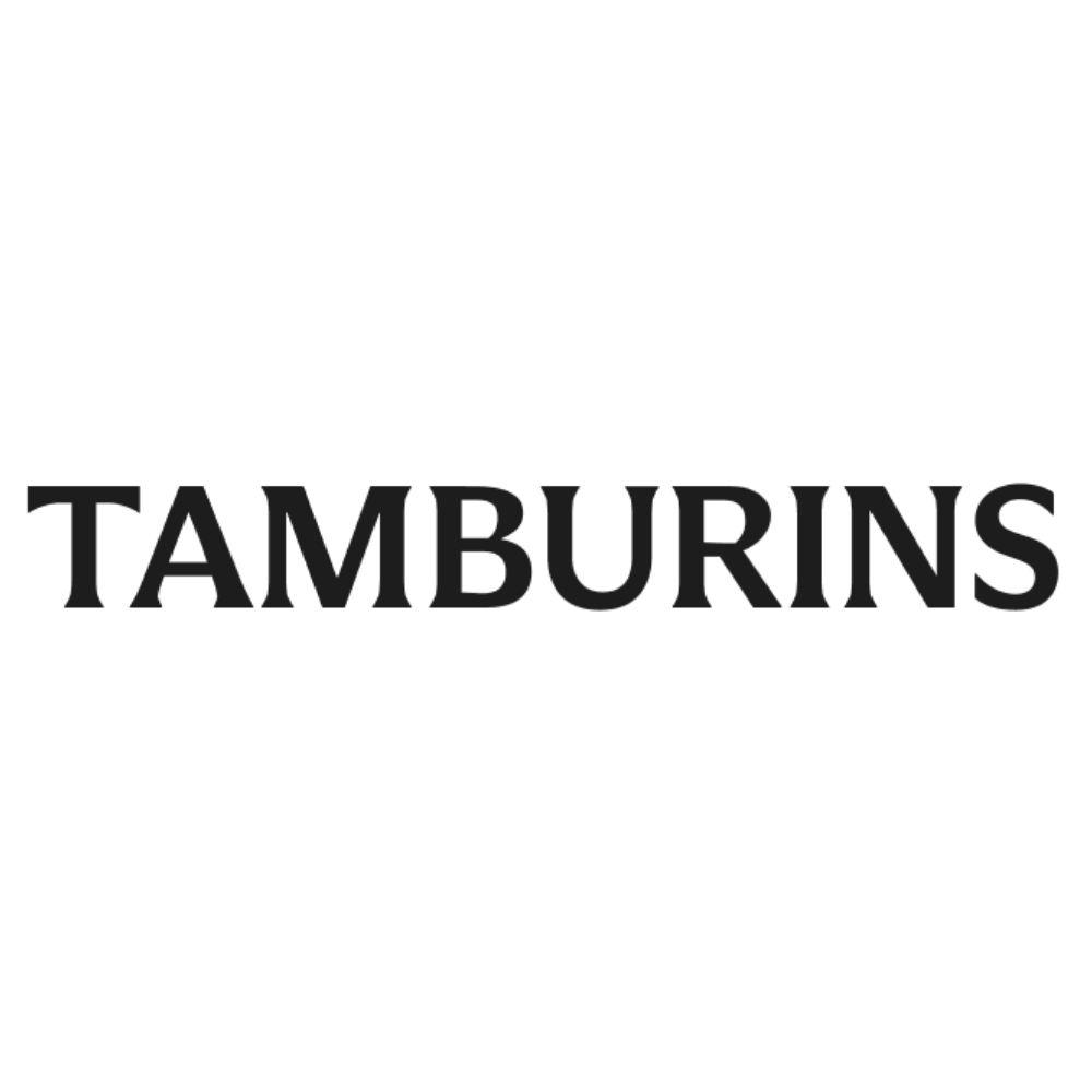Czarne logo marki TAMBURINS zapisane elegancką, szeryfową czcionką na białym tle.