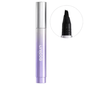 Zamknięty pisak do brwi Unicos Angled Eyebrow Brush w metalicznym fioletowym opakowaniu z powiększeniem ukośnej końcówki aplikatora.