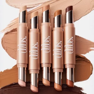 Dwustronny sztyft DIBS Beauty The Edit Stick Brighten + Conceal Duo w jasnym beżowym odcieniu na kremowym tle.