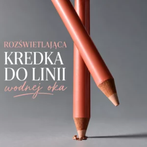 Dwie koralowe kredki do linii wodnej oka na szarym tle, z napisem „Rozświetlająca kredka do linii wodnej oka” umieszczonym po lewej stronie.