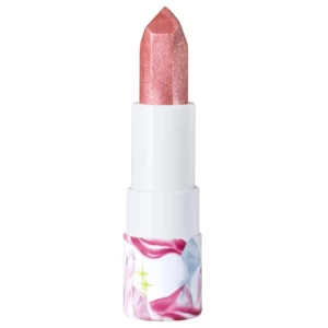 Na zdjęciu znajduje się Half Magic Crystal Butter Lip Balm Shell-Ebrity – połyskujący brzoskwiniowo-różowy balsam do ust w białym opakowaniu z dekoracyjnym wzorem.