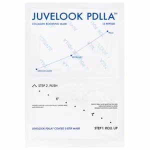 Opakowanie dwuetapowej maski w płachcie Juvelook PDLLA Collagen Boosting Mask na czystym białym tle.