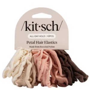 Hair 15 Kitsch Petal Hair Elastics w opakowaniu zawierającym 10 gumek w kremowym, różowym i brązowym kolorze.