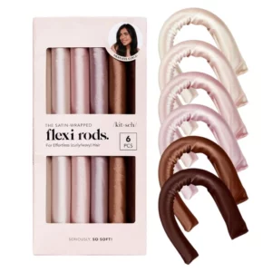 Kitsch Satin Wrapped Flexi Rods – zestaw sześciu satynowych wałków do stylizacji włosów bez użycia ciepła, pokazany wraz z oryginalnym opakowaniem.