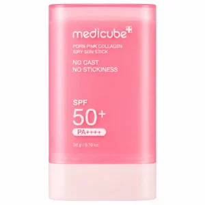 Różowy sztyft przeciwsłoneczny Medicube PDRN Pink Collagen Airy Sun Stick SPF50+ PA++++ o pojemności 20 g, pokazany od przodu na białym tle.