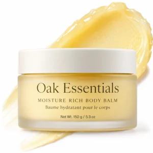 body 5 Oak Essentials Moisture Rich Body Balm - intensywnie nawilżający balsam do ciała w szklanym słoiczku, przedstawiony na białym tle z kremową smugą produktu w złocistym odcieniu.