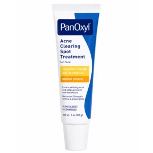 Na zdjęciu znajduje się tubka PanOxyl Acne Clearing Spot Treatment 10% Benzoyl Peroxide 28 g na białym tle.