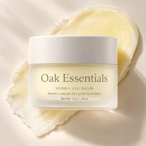 Oak Essentials Hydra Eye Balm - nawilżający balsam pod oczy w eleganckim słoiczku, przedstawiony na tle kremowej tekstury produktu podkreślającej jego bogatą, odżywczą konsystencję.