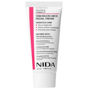 NIDA Youthful Formula Yam Mucin ABCE Facial Cream 55 ml w białej tubce z różowym akcentem na białym tle.