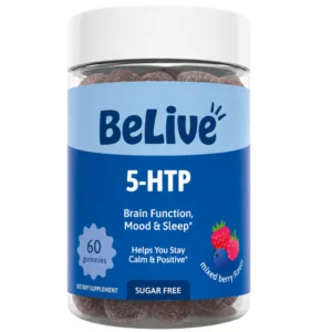 BeLive 5-HTP – opakowanie 60 bezcukrowych żelek o smaku mieszanych owoców leśnych na białym tle.