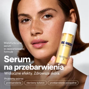 Remedy Science REMEDY for Dark Spots - serum na przebarwienia prezentowane przy twarzy modelki, przeznaczone do pielęgnacji nierównego kolorytu, przebarwień i śladów pozapalnych.