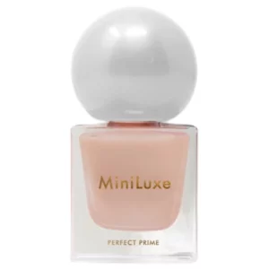 MiniLuxe Perfect Prime Base Coat - wygładzająca baza pod lakier do paznokci w szklanej buteleczce z perłową nakrętką na białym tle.