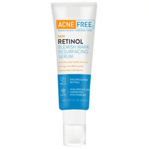 AcneFree Retinol Blemish Mark Resurfacing Serum – produkt – biała tubka serum z kapsułkowanym retinolem, kwasem hialuronowym, ceramidami i niacynamidem pokazana na białym tle.