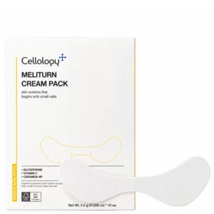 Cellology Meliturn Cream Pack – opakowanie rozświetlającego kremowego płatka na przebarwienia z białym płatem na białym tle.