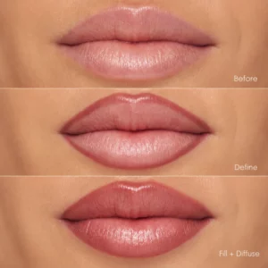 Start 48 Efekt Copini Love Bite Soft Focus Lip Stain na ustach - naturalne usta przed aplikacją, z podkreślonym konturem oraz po wypełnieniu i roztarciu koloru.