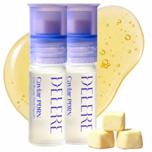 Start 49 DELERE Caviar PDRN Vita Boost Shot Serum Double Set - zestaw dwóch kuracji z PDRN i aktywowaną witaminą C na tle złocistej konsystencji serum i liofilizowanych kapsułek.