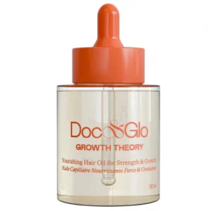 Start 50 Doc & Glo Growth Theory - odżywczy olejek do włosów wzmacniający i wspierający ich zdrowy wzrost, w przezroczystej butelce 30 ml z pomarańczową pipetą.
