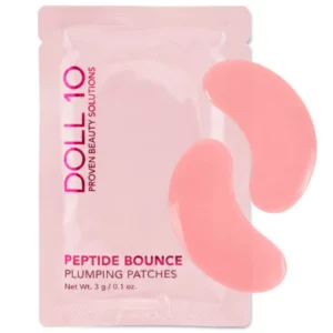 Doll 10 Peptide Bounce Eye Patches - opakowanie produktu - różowa saszetka Doll 10 Peptide Bounce Plumping Patches z dwoma różowymi hydrożelowymi płatkami pod oczy na białym tle.