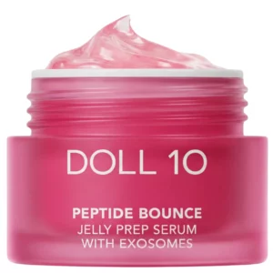 Start 50 Doll 10 Peptide Bounce Jelly Prep Serum With Exosomes - otwarty słoiczek z różową, sprężystą żelową konsystencją serum do twarzy.