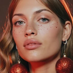 Start 111 Zbliżenie twarzy modelki prezentującej Fazit Candy Cane Speckles - czerwone i srebrne brokatowe piegi z motywami gwiazdek i świątecznych lasek na nosie oraz policzkach.
