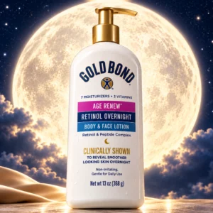 Gold Bond Age Renew Retinol Overnight Body & Face Lotion - balsam do twarzy i ciała z retinolem i peptydami, wyeksponowany na tle dużego, rozświetlonego księżyca i nocnego nieba.