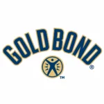 Logo Gold Bond – granatowy napis ze złotą obwódką ułożony w łuk nad okrągłym emblematem z sylwetką człowieka, na białym tle.