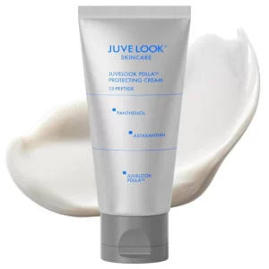 Juvelook PDLLA Protecting Cream - srebrna tubka peptydowego kremu do twarzy z PDLLA, pantenolem i astaksantyną, przedstawiona na tle kremowej konsystencji produktu.