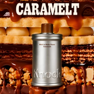 Start 183 Knock Melt in Body Toner Caramelt - tonik do ciała w srebrnym opakowaniu na tle karmelu, czekolady i orzechów.