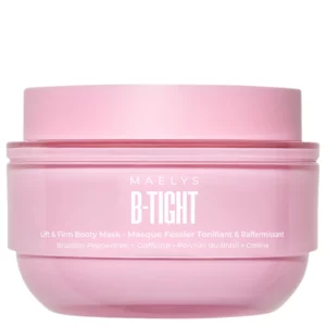MAËLYS B-TIGHT Lift & Firm Booty Mask - opakowanie produktu - różowy słoiczek kremu ujędrniającego MAËLYS B-TIGHT z kofeiną i ekstraktem z brazylijskiego drzewa pieprzowego na białym tle.