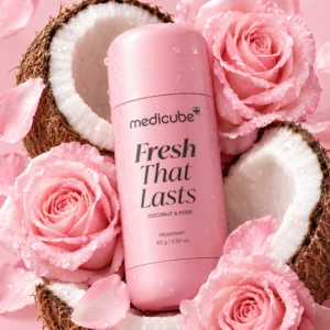 Różowy dezodorant w sztyfcie Medicube „Fresh That Lasts” o zapachu kokosa i róży, otoczony różowymi różami, płatkami kwiatów oraz przekrojonymi kokosami. Na opakowaniu widoczne są krople wody.