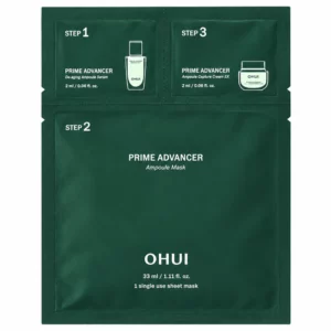 O HUI Prime Advancer Ampoule Mask - trzyetapowa koreańska kuracja do twarzy z ampułką 2 ml, maską w płachcie 33 ml i kremem 2 ml, opakowanie w kolorze głębokiej zieleni.