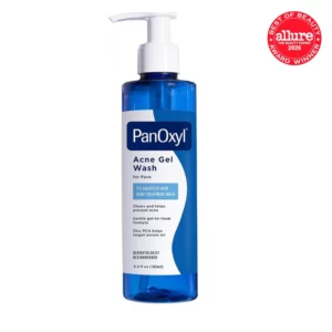 Start 45 PanOxyl Acne Gel Wash 2% Salicylic Acid w niebieskiej butelce z pompką na białym tle. Obok produktu widoczne jest oznaczenie Allure Best of Beauty Award Winner 2026.